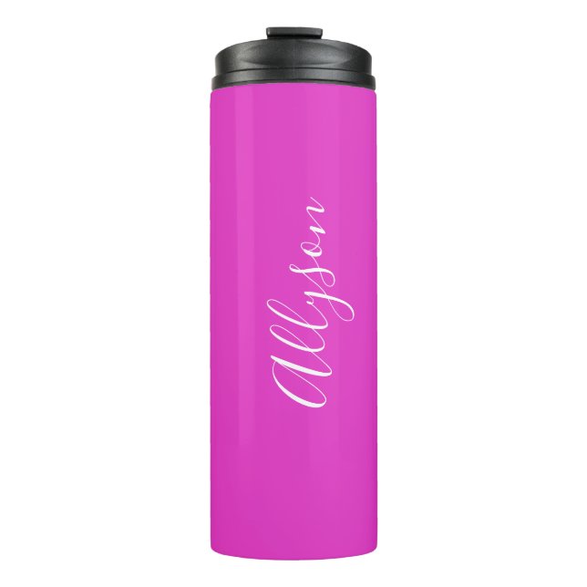 Garrafa Térmica Personalize o nome vertical, branco, fúcsia brilha (Frente)