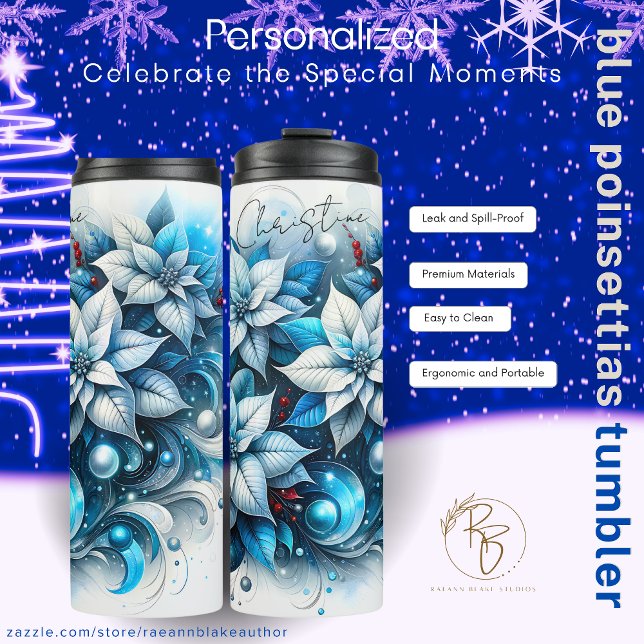 Garrafa Térmica Personalized Blue Poinsettias Thermal Tumbler (Criador carregado)