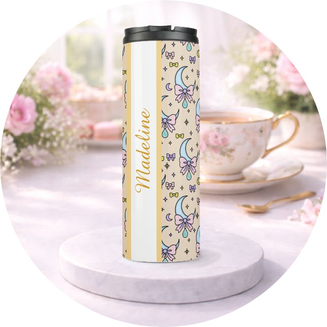 Garrafa Térmica Personalized Girly Cute Bow Name Peach Moons (Criador carregado)