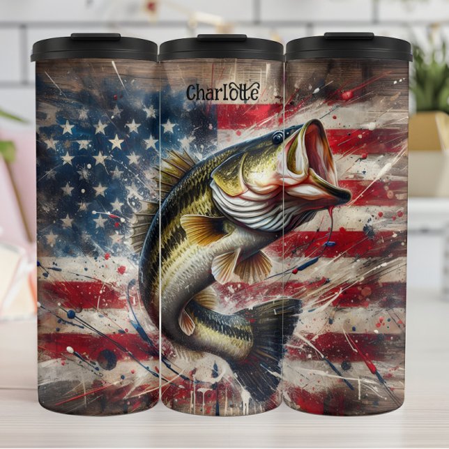 Garrafa Térmica Pesca de Bass: Bandeira Patriótica Americana (Criador carregado)