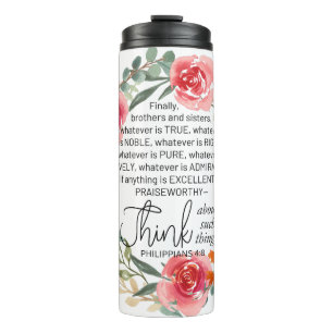 Garrafa Térmica Philippians 4:8 Floral Wreath rosa e amarelo