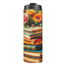 Garrafa Térmica Pilha Antiga de Livros e Flores Vintage