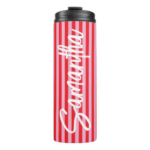 Garrafa Térmica Pincel Script Personalizado Listras Rosa e Vermelh