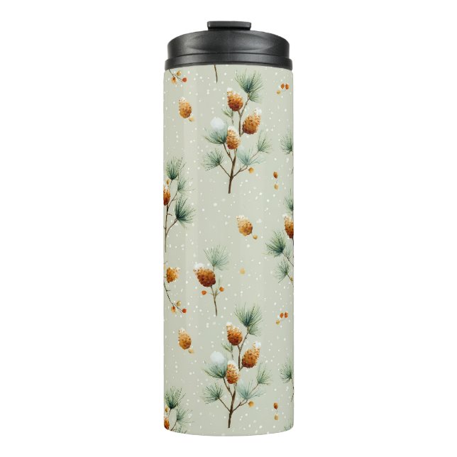 Garrafa Térmica Pinecones de inverno e Ramificações de Neve (Frente)