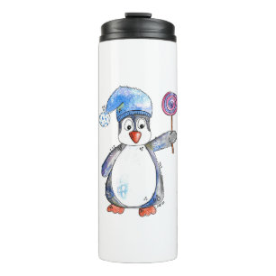 Garrafa Térmica Pinguim Caprichoso Fofo com uma Pirulito