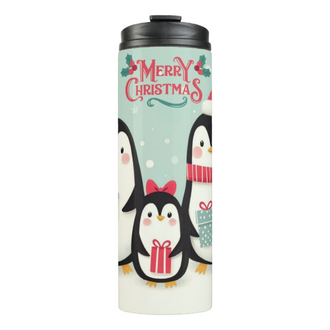 Garrafa Térmica Pinguins de neve de Natal feliz (Frente)