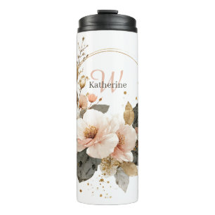 Garrafa Térmica Pink Elegante e Dourada Frota Floral, Nome Persona