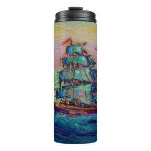 Garrafa Térmica Pintura de arte Barco a cor do óleo, sorte, thaila