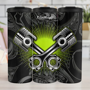 Garrafa Térmica Pistões Cruzados Emblema Mecânico Industrial