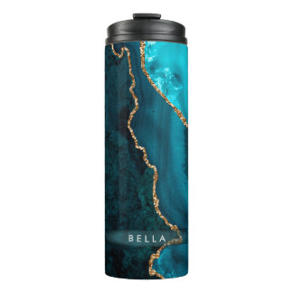 Garrafa Térmica PixDezines ACRÍLICO EM ÁGUA TEAL ÁGATA OURO FALSO