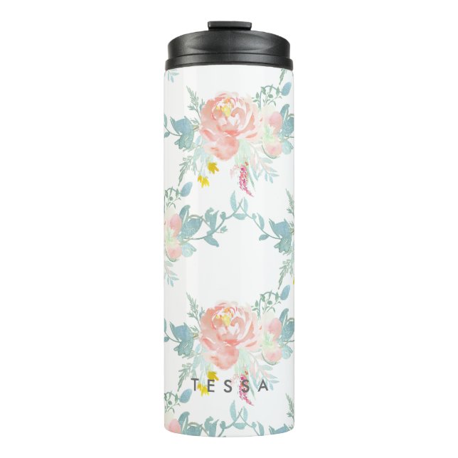 Garrafa Térmica PixDezines Floral/Watercolor/Peonies/Peach+Mint (Frente)