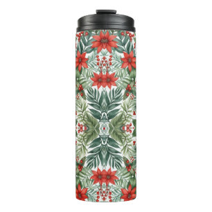 Garrafa Térmica Poinsettia de Natal em Aquarela e Bagas Vermelhas
