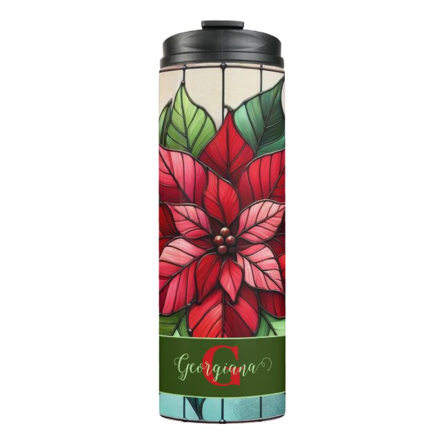 Garrafa Térmica Poinsettia De Vidro Festivo Personalizado (Frente)