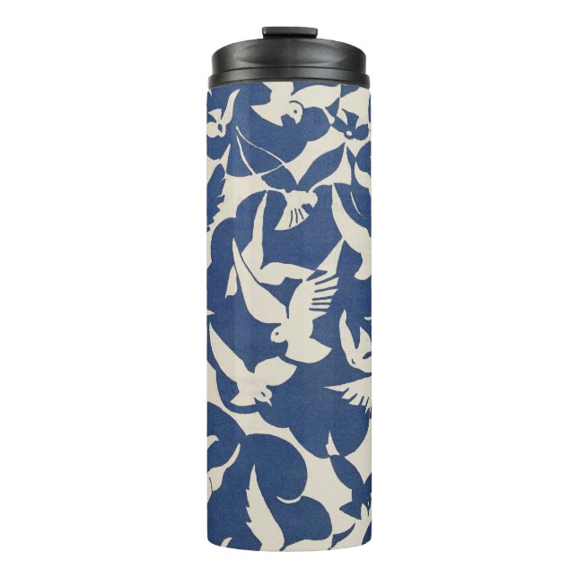 Garrafa Térmica Pombos Elegantes em Branco e Azul (Frente)