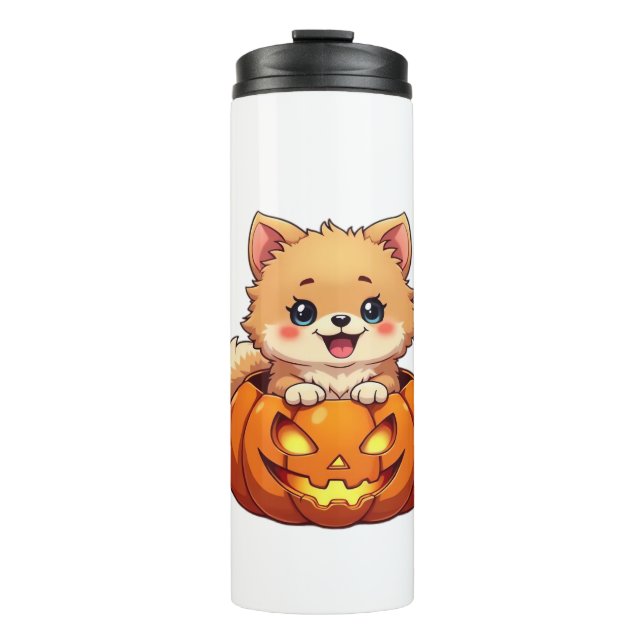 Garrafa Térmica Pomerânia cão Feliz Halloween Bompkin Clássico T-S (Frente)