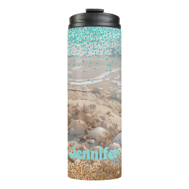 Garrafa Térmica Praia Aqua Dourada Glitter (Frente)