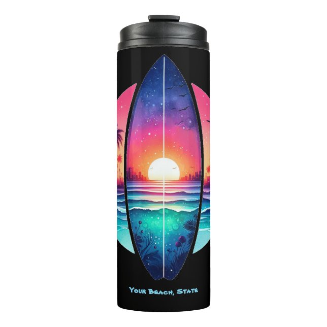 Garrafa Térmica Prancha de surfe no pôr do sol (Frente)