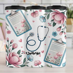 Garrafa Térmica Prancheta Médica Estetoscópio Padrão Floral