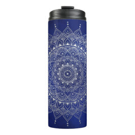 Garrafa Térmica Prata elegante no Floral Azul Profundo Henna Manda