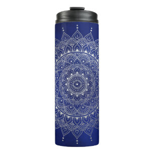 Garrafa Térmica Prata elegante no Floral Azul Profundo Henna Manda