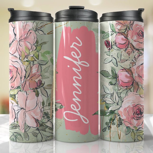 Garrafa Térmica Presente Personalizado de Adicionar Nome Floral Ve (Floral Personalized Tumbler)