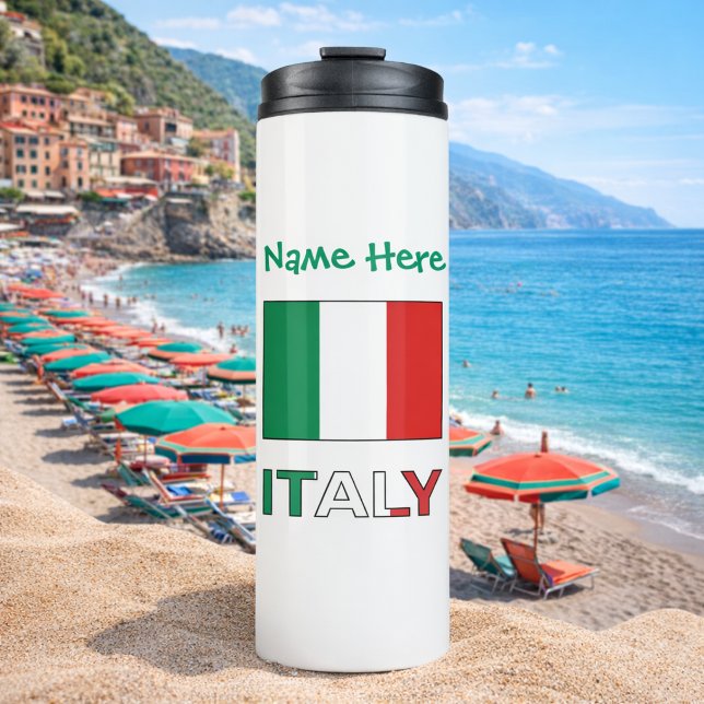 Garrafa Térmica Presente Personalizado Dia da República Bandeira I (Personalized thermal tumbler with the Italian Flag and the word ITALY below. Above add name in green)