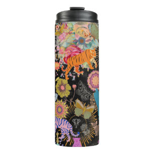 Garrafa Térmica Preto Boho Floral Padrão Natureza Botânico