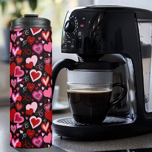 Garrafa Térmica Preto Rosa Vermelho Corações Amor Padrão