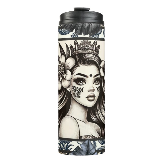 Garrafa Térmica Princesa Polinésia Floral Tribal Azul (Frente)