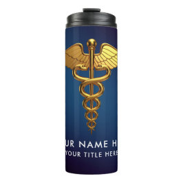 Garrafa Térmica Profissional Caduceu Dourado Azul Marinho Médico
