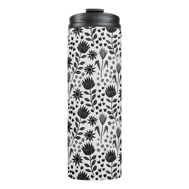 Garrafa Térmica Protea Floral Impressão Millefleur preto branco (Frente)