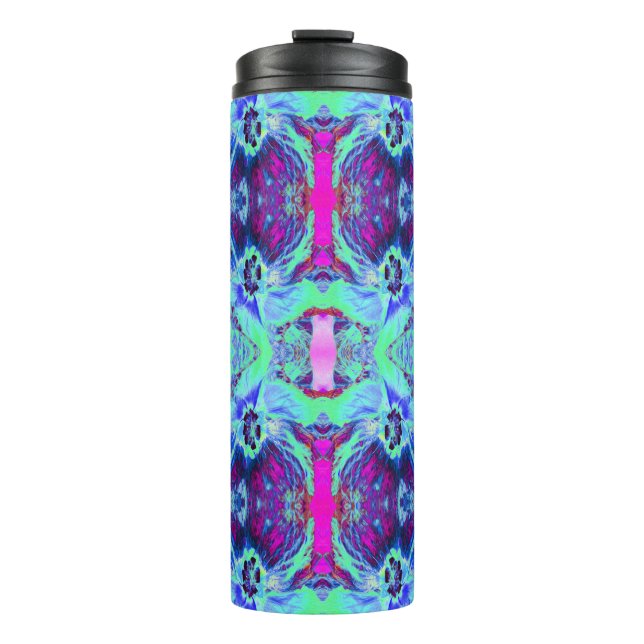 Garrafa Térmica Psicodélico Verde e Padrão de Hibisco Azul (Frente)