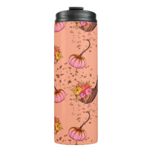 Garrafa Térmica Pumpkin rosa com folhas e chifres de outono