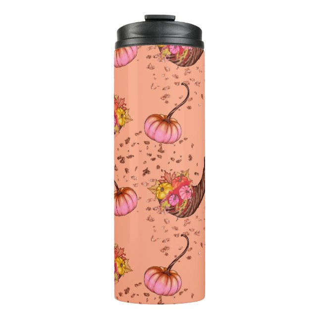 Garrafa Térmica Pumpkin rosa com folhas e chifres de outono (Frente)