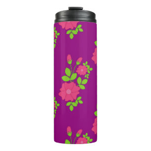Garrafa Térmica Púrpura, sem costura, com flores cor-de-rosa e ver