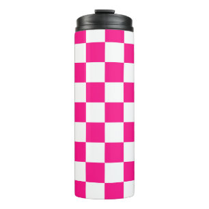 Garrafa Térmica Quadrados xadrez rosa quente branco geométrico ret