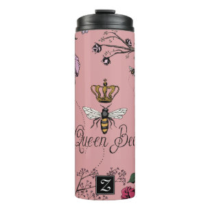 Garrafa Térmica Rainha Floral Rosa, Abelha e Monograma da Coroa Do