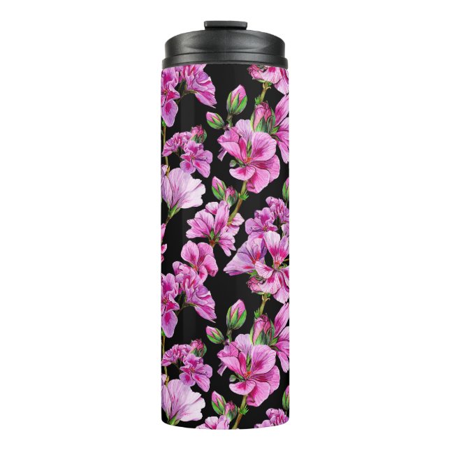 Garrafa Térmica Ramais de gerânio, bordos cor-de-água rosa. (Frente)