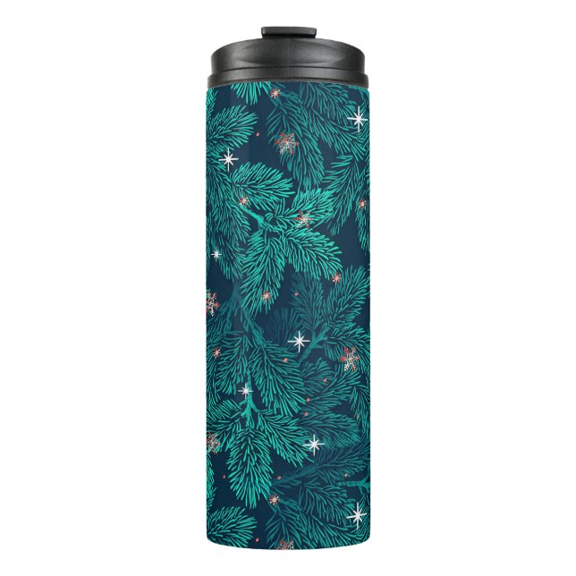 Garrafa Térmica Ramos de Pinheiro Azul com Flocos de Neve Brancos (Frente)