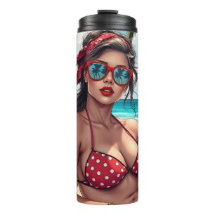 Garrafa Térmica Red Bikini, óculos de sol e mulher Bandana