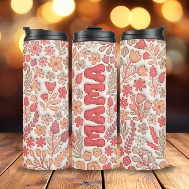 Garrafa Térmica Red Boho Floral Mama (3D Inflated Red Boho Flowers Mama Thermal Tumbler)