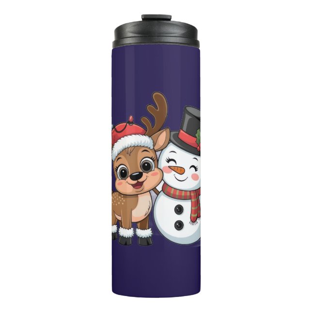 Garrafa Térmica Rena de Natal Fofa & Boneco de Neve (Frente)