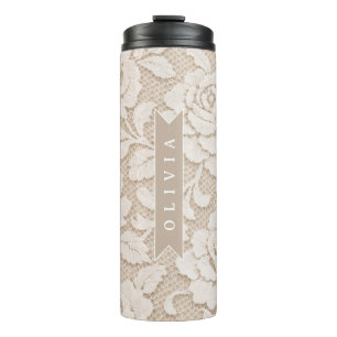 Garrafa Térmica Renda de Marfim Personalizada Elegante Vintage Nup