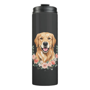 Garrafa Térmica Retrato de Cão Golden Retriever Floral Sublimação