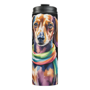 Garrafa Térmica Retrato de Dachshund em Luz Neon e Moldura Floral
