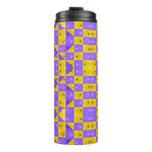 Garrafa Térmica Retro Boho Roxo & Amarelo Xadrez de Margaridas
