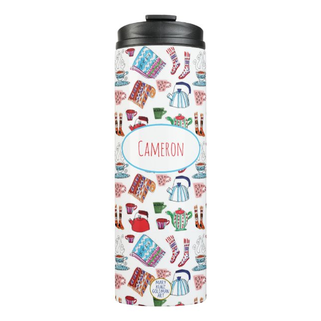 Garrafa Térmica Retro Inverno Ilustrado À Mão No Exterior (Frente)