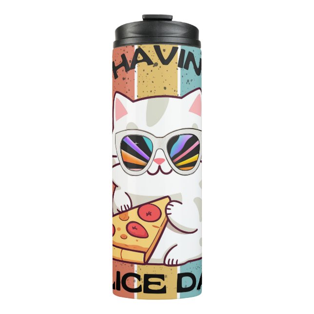 Garrafa Térmica Retro Kawaii gato giro comendo pizza (Frente)