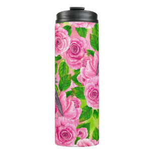 Garrafa Térmica Robin rosa e rosas