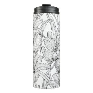 Garrafa Térmica Robins e flores, preto e branco